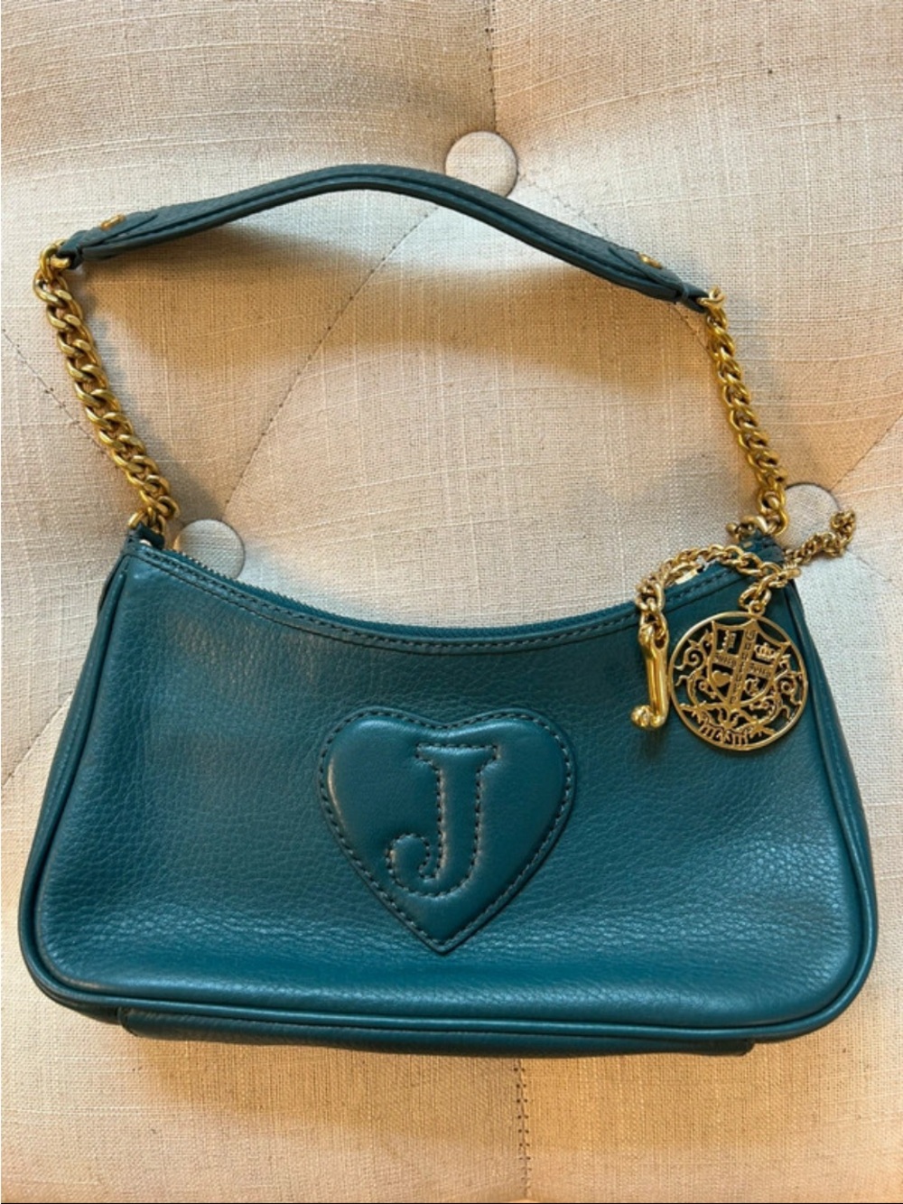 Designer Teal Leather Shoulder Bag with Gold Chain